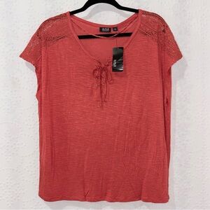 ANA Lace Shoulder Lace Up Top Coral Short Sleeve Blouse Womens XL New Tags